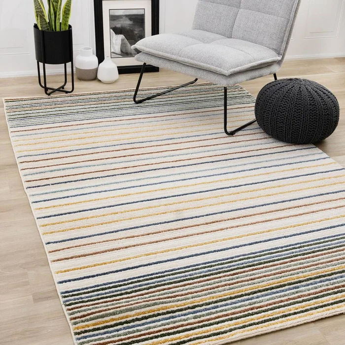Kalora Interiors – Nala Cream Yellow Oxblood Green Blue Striped Rug, 53in x 77in – N200/UW86 160230