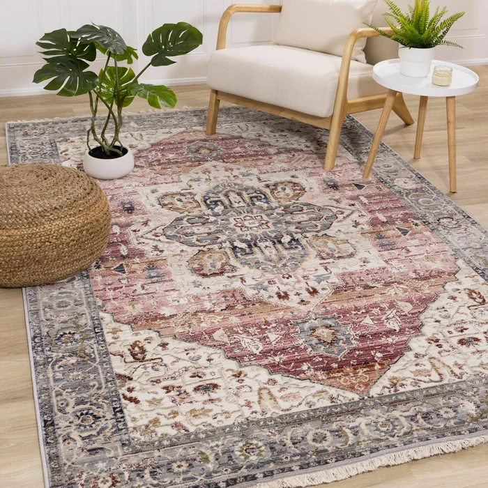 Kalora Interiors – Serene Pink Cream Blue Elaborate Border Rug, 53in x 710in – E154/0427 160240