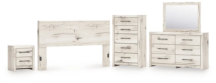 King Panel Headboard with Mirrored Dresser, Chest and Nightstand