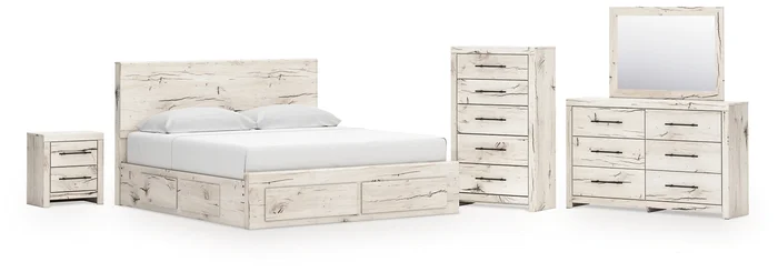 King Panel Storage Bed with Mirrored Dresser, Chest and Nightstand