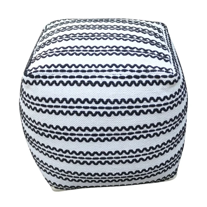 Lani – Handcrafted Fabric Pouf, Durable Cotton Square – Natural / Black