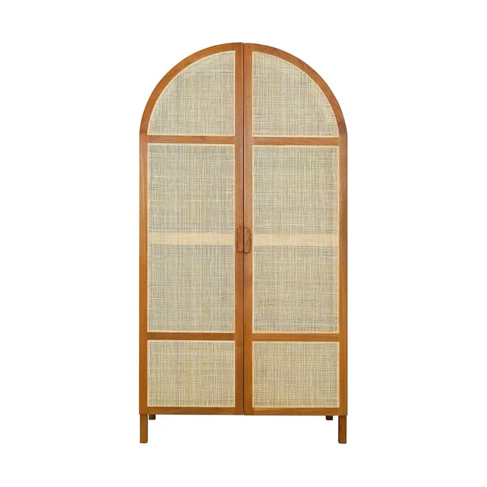 Lemari Teak and Cane Arched Armoire