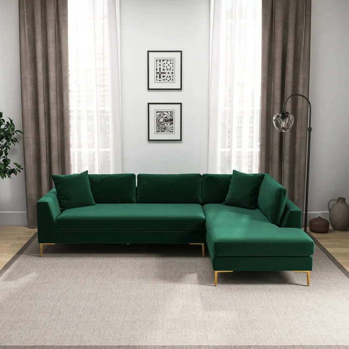 Mano L-Shaped Velvet Sectional Sofa In Green Right Facing
