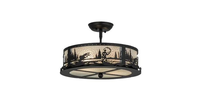 Meyda Tiffany Fly Fishing Creek 2 Light 16″ Wide Semi-Flush Drum Ceiling Fixture – Textured Black Finish