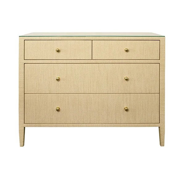 Michelle Four Drawer Chest In Natural Grasscloth With Glass Top