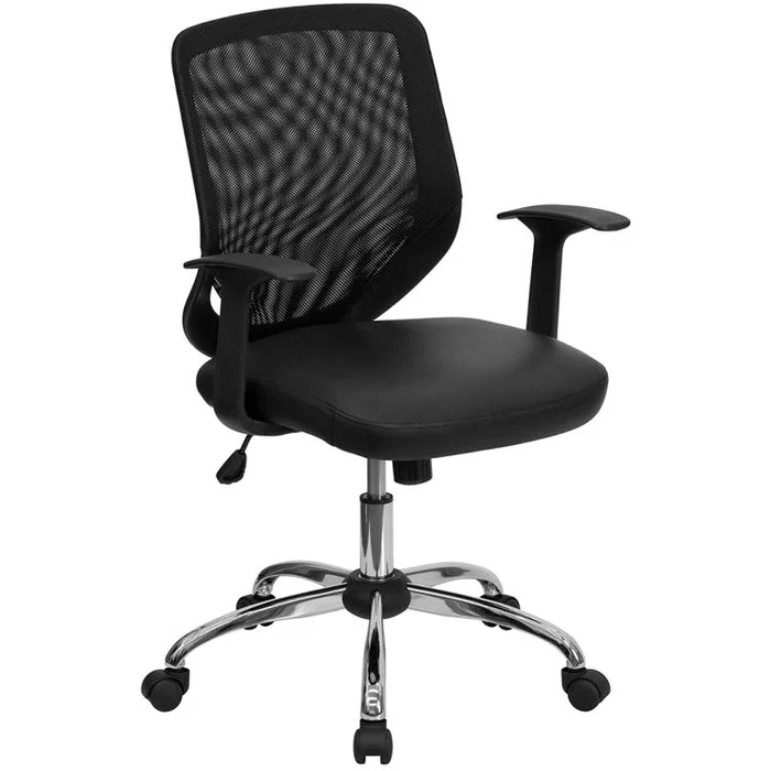 Mid-Back Black Mesh Tapered Back Swivel Task Office Chair With Leathersoft Seat, Chrome Base And T-Arms By Flash Furniture – Black LeatherSoft , Mesh