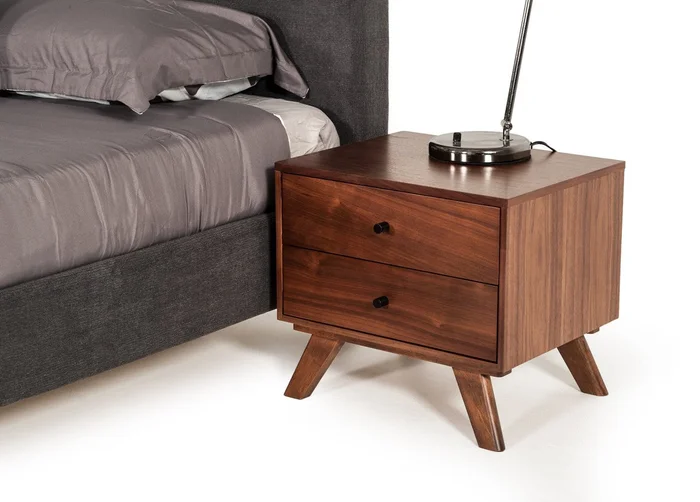 Mid Century Classic Box Shaped Walnut Nightstand With Two Drawers By H