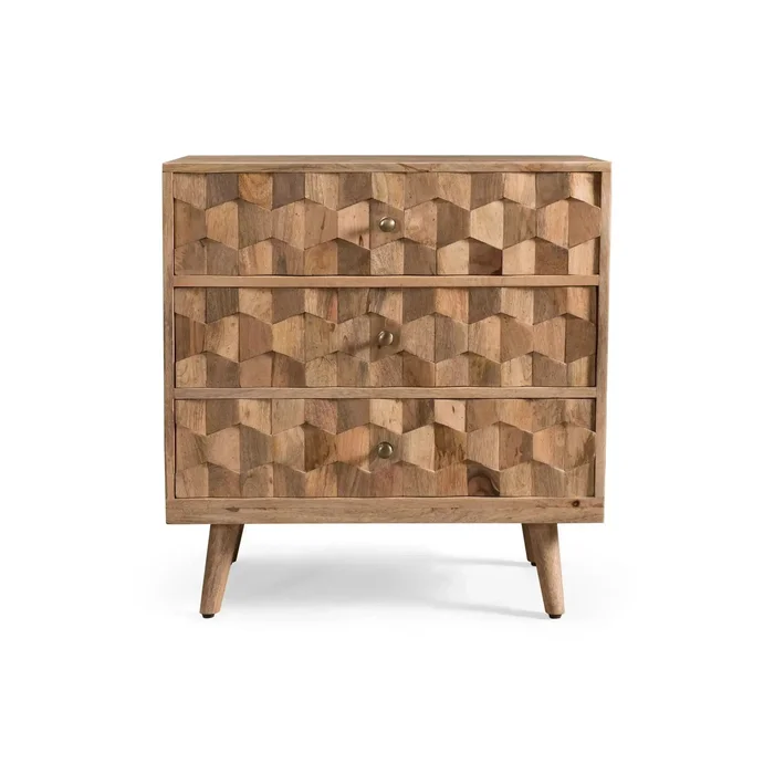 Mid Century Modern Mango Wood 3 Drawer Chest With 3D Tile Weave Design – Natural