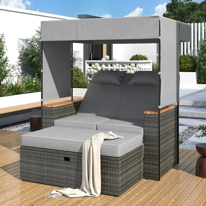 Modern 2-Piece Outdoor Daybed, Outdoor Bed with 5 Positions (Grey Wicker + Grey Fabric)