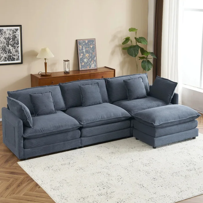 Modern Upholstered Blue L-Shape Modular Sofa Couch