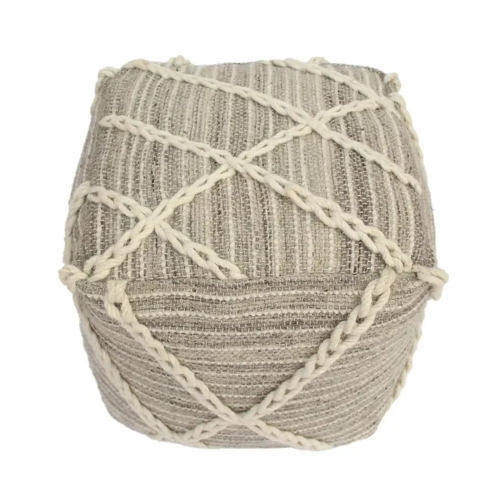 Modern Wool Rope Square Pouf Ottoman Floor Cushion – Gray / Ivory
