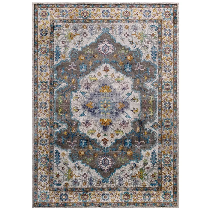 Modway Success Anisah Distressed Floral Persian Medallion 5×8 Area Rug – R-1163-58 – Gray, Ivory, Yellow, Orange