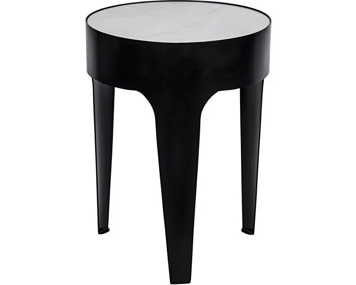 Noir Furniture Cylinder Side Table, Black Steel with White Marble Top – Small