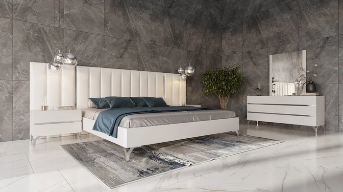 Nova Domus Angela – Eastern King Italian Modern White Eco Leather Bed w/ Nightstands and Wings