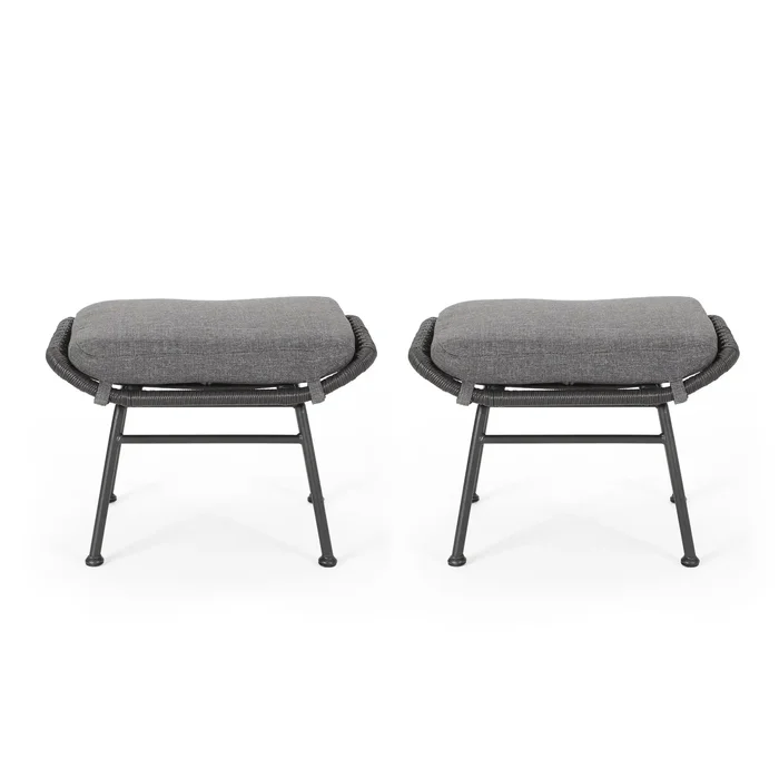Outdoor Modern Boho Wicker Ottoman With Cushions (Set of 2)