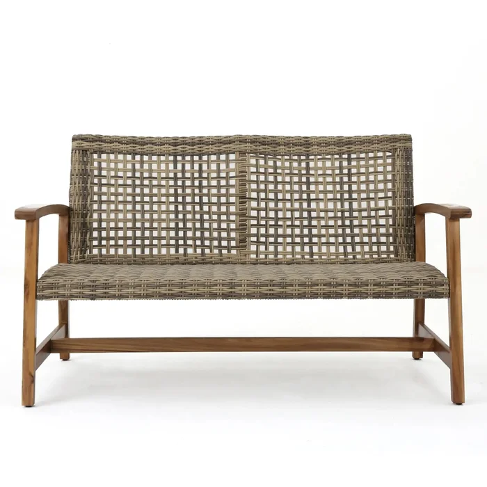 Outdoor Rattan Loveseat With Wooden Legs – Brown