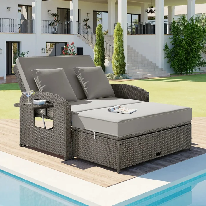 Outdoor Wicker Double Chaise Lounge | Outdoor Daybed with Adjustable Back