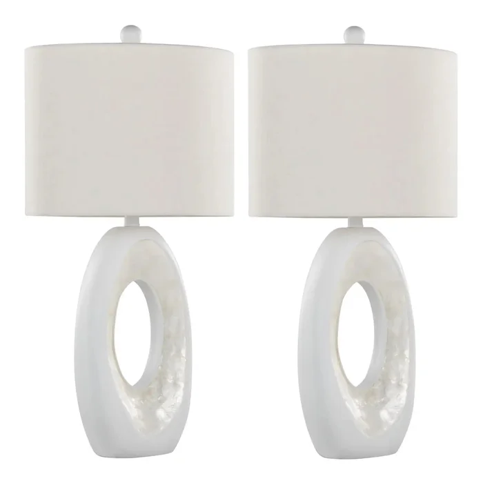 Pearl – Contemporary Table Lamp (Set of 2) – Matte White / Natural Shell
