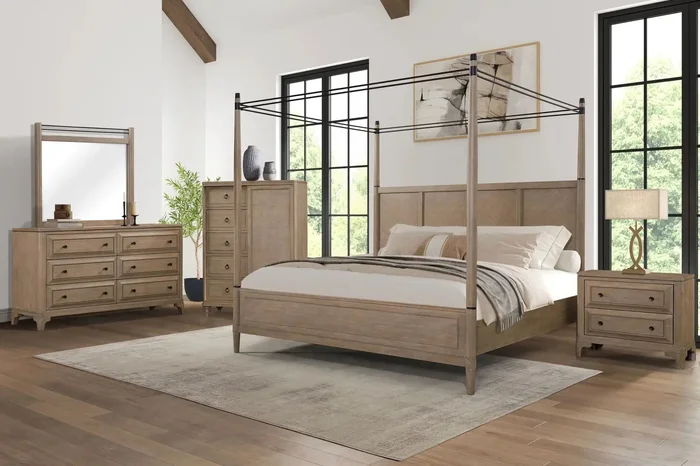 Queen Canopy Bedroom Set With A 2 Drawer Nightstand A Modern Dresser With Poster Mirror And A Door Chest – Sand