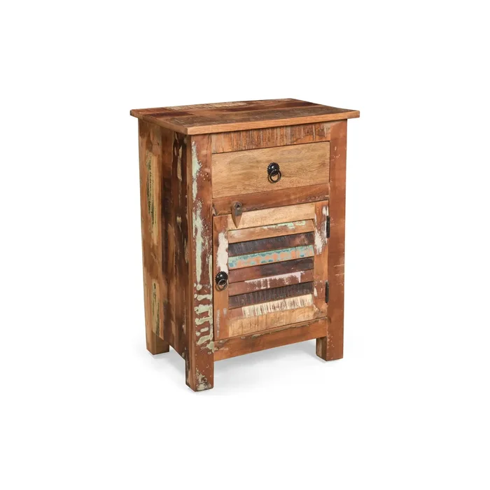 Recycled Wood Side Table With Drawer And Door – Natural