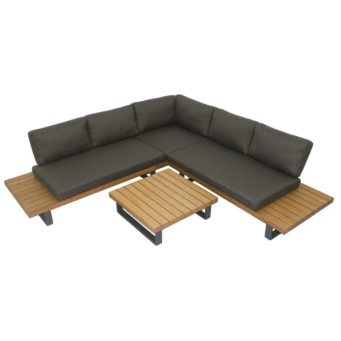 Renava Skaros – Outdoor Grey Olefin Fabric + Eucalyptus Sectional Sofa + Coffee Table Set