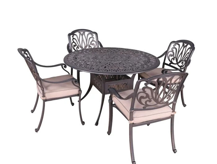 Round 4 Person 48″ Long Aluminum Dining Set With Sunbrella Cushions – Gray / Ivory
