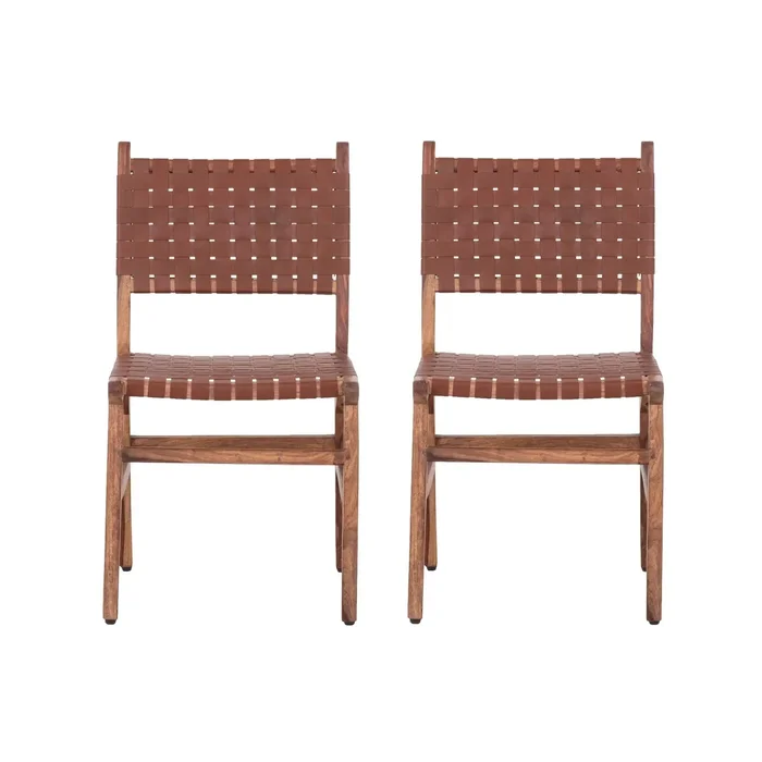 Rustic Wooden Dining Chair (Set of 2) With Genuine Leather Woven Upholstery – Brown
