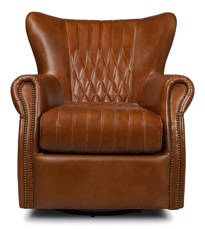 Sarreid Ltd – Bugatti Leather Swivel Chair, Cuba Brown – 54110