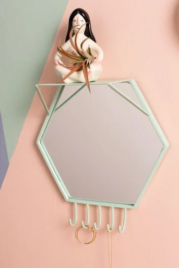 Simone Wall Mirror w/Shelf & Hooks By Accent Decor – Green – Metal – 55090