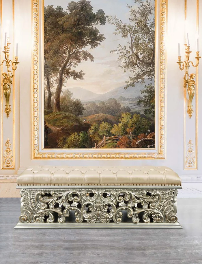 Sorina 66″L Upholstered Bench with Floral Moldings