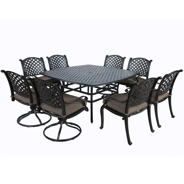 Square 8 Person 63.98″ Long Dining Set With Dupione Brown Cushions