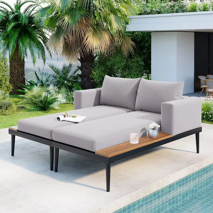 TOPMAX Modern Outdoor Daybed Patio Metal Daybed with Wood Top
