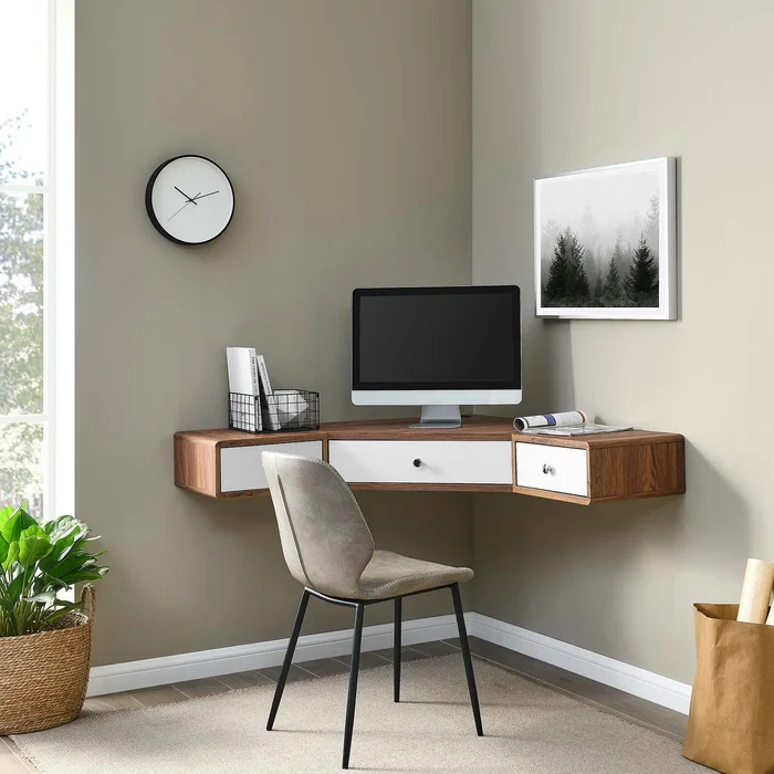 Transmit 47″ Wall Mount Corner Walnut Office Desk By Modway – EEI-5862-WAL-WHI – Walnut White