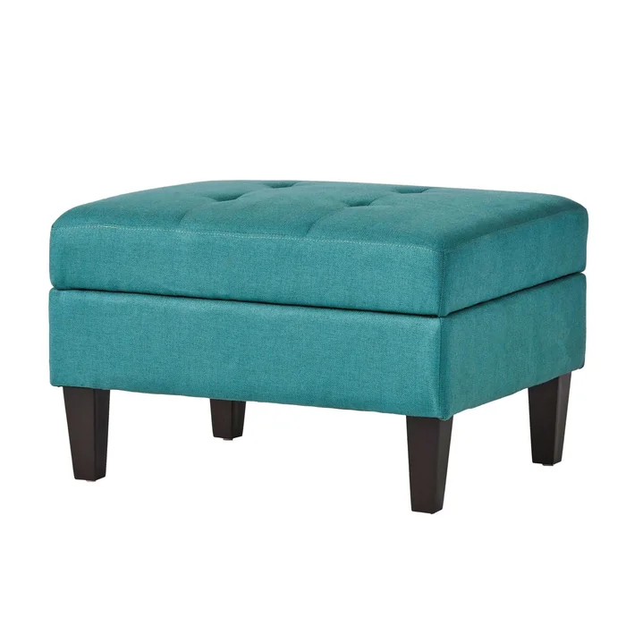 Tufted Waffle Stitch Upholstered Storage Ottoman With Wood Legs – Teal
