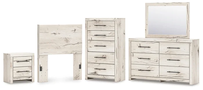 Twin Panel Headboard with Mirrored Dresser, Chest and Nightstand