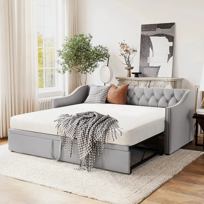 Twin Size Upholstered daybed with Pop Up Trundle, Gray