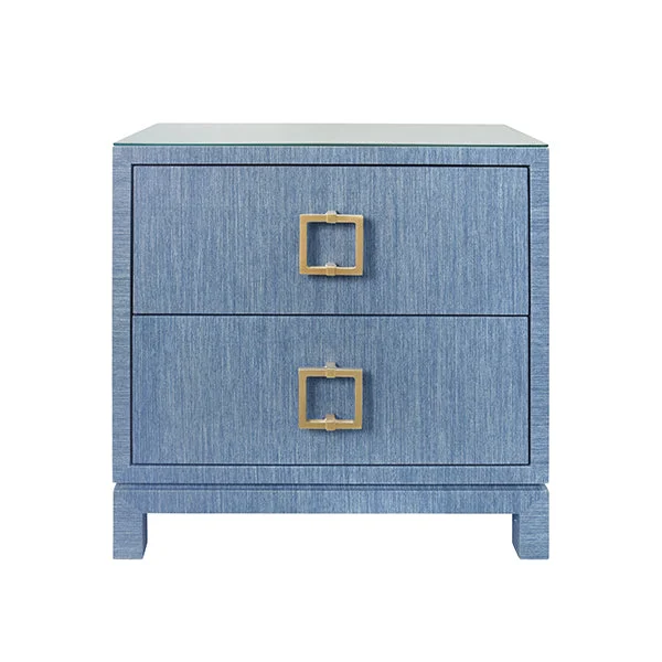 Two Drawer Side Table With Large Satin Brass Square Hardware In Blue Dyed Grasscloth With Glass Top