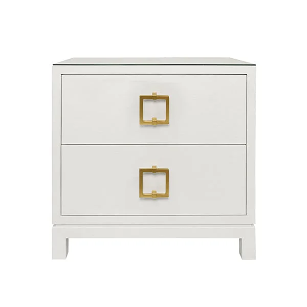 Two Drawer Side Table With Large Satin Brass Square Hardware In White Textured Linen With Glass Top