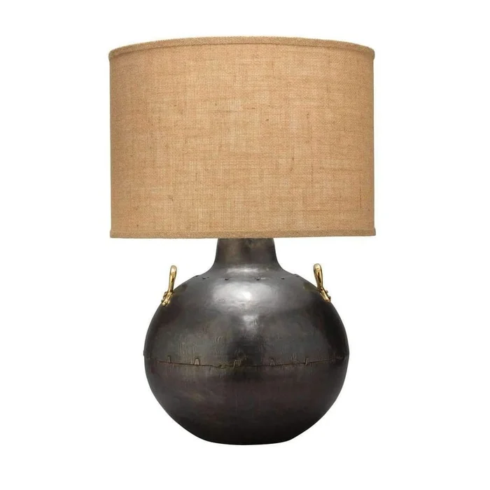 Two Handled Kettle Table Lamp in Iron with Classic Drum Shade in Natural Burlap
