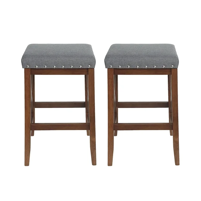 Upholstered Bar Stool With Nailhead Trim And X Frame Design (Set of 2) – Charcoal