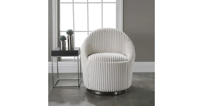 Uttermost Crue 28″W Modern Luxury White Fluted Chenille Swivel Chair