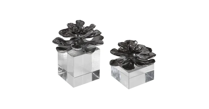Uttermost Indian Lotus 6 Inch Wide Set of 2 “Metallic Silver Flowers” Crystal and Metal Sculpture