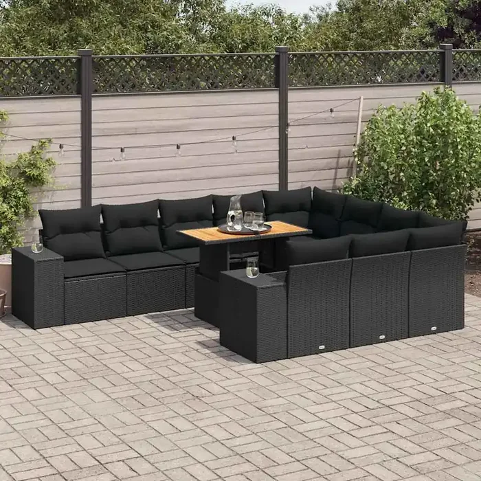 vidaXL 10 Piece Garden Sofa Set with Cushions Black Poly Rattan Acacia