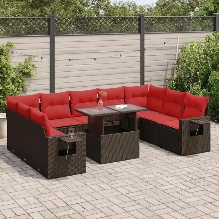 vidaXL 10 Piece Garden Sofa Set with Cushions Brown Poly Rattan Acacia