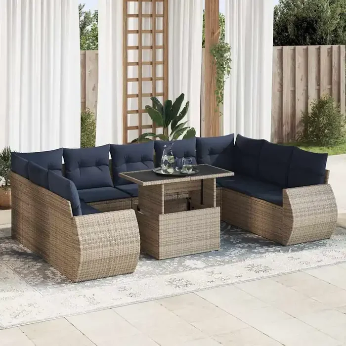 vidaXL 10 Piece Garden Sofa Set with Cushions Grey Poly Rattan Acacia