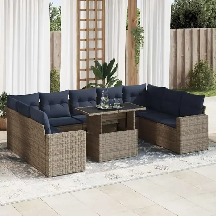 vidaXL 10 Piece Garden Sofa Set with Cushions Grey Poly Rattan Acacia