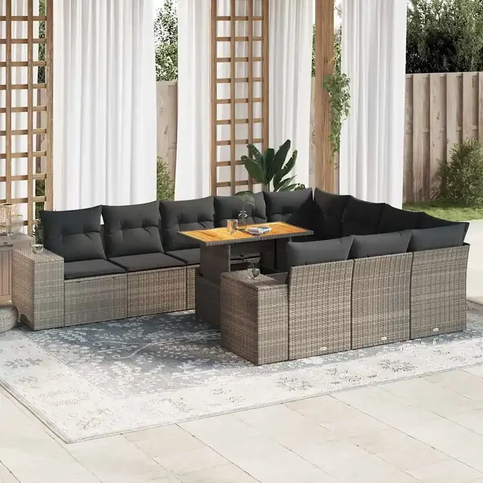 vidaXL 10 Piece Garden Sofa Set with Cushions Grey Poly Rattan Acacia