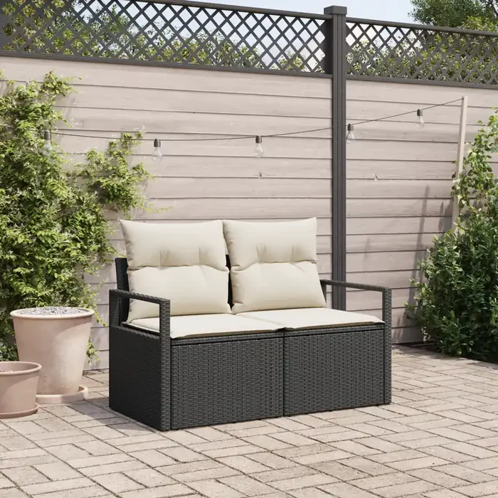 vidaXL 2-Seater Garden Sofa with Cushions Black Poly Rattan