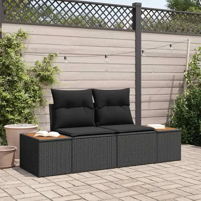vidaXL 2-Seater Garden Sofa with Cushions Black Poly Rattan