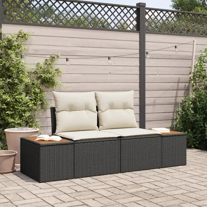 vidaXL 2-Seater Garden Sofa with Cushions Black Poly Rattan